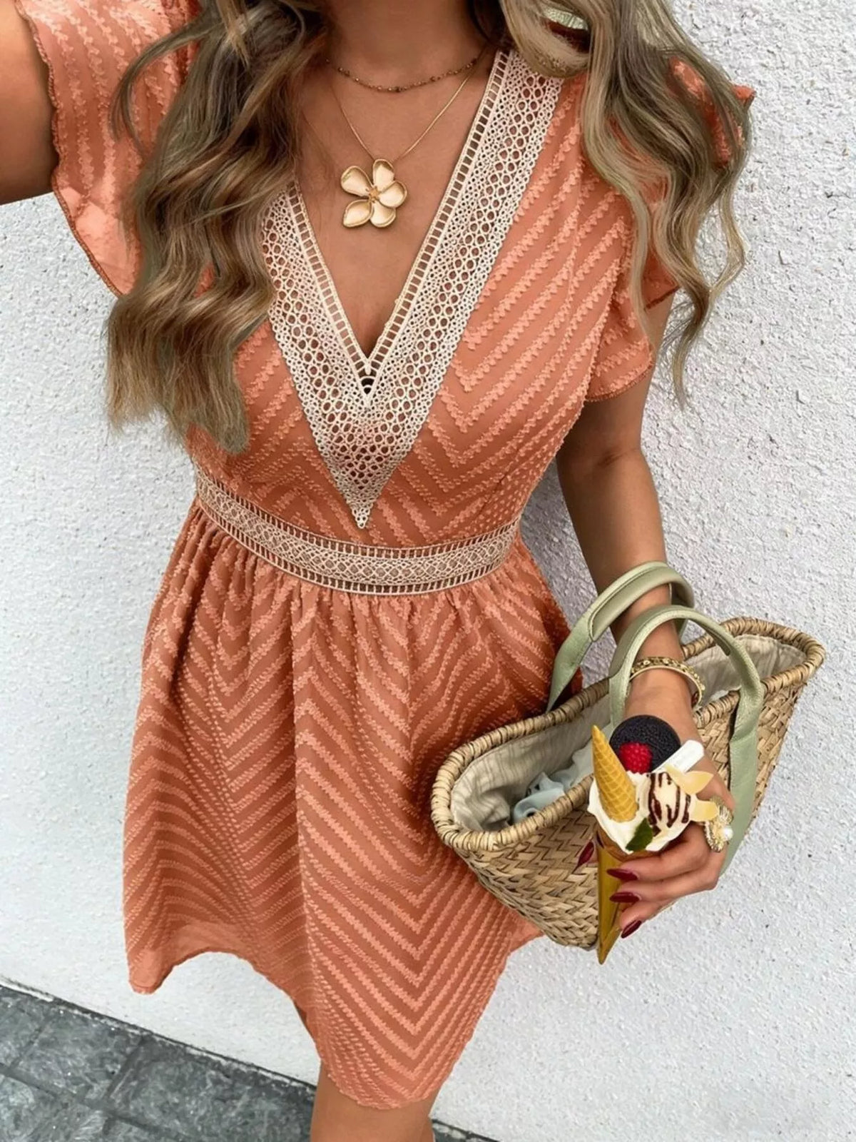 V neck ruffle sleeve mini dress, on model