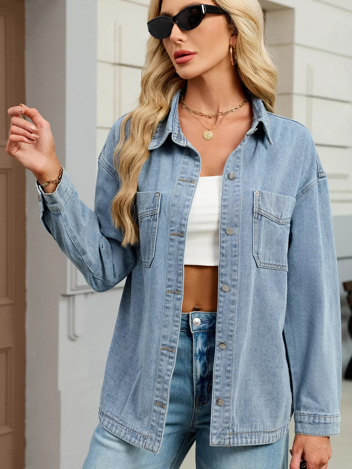 Drop Shoulder Button Up Denim Jacket in Black view 11