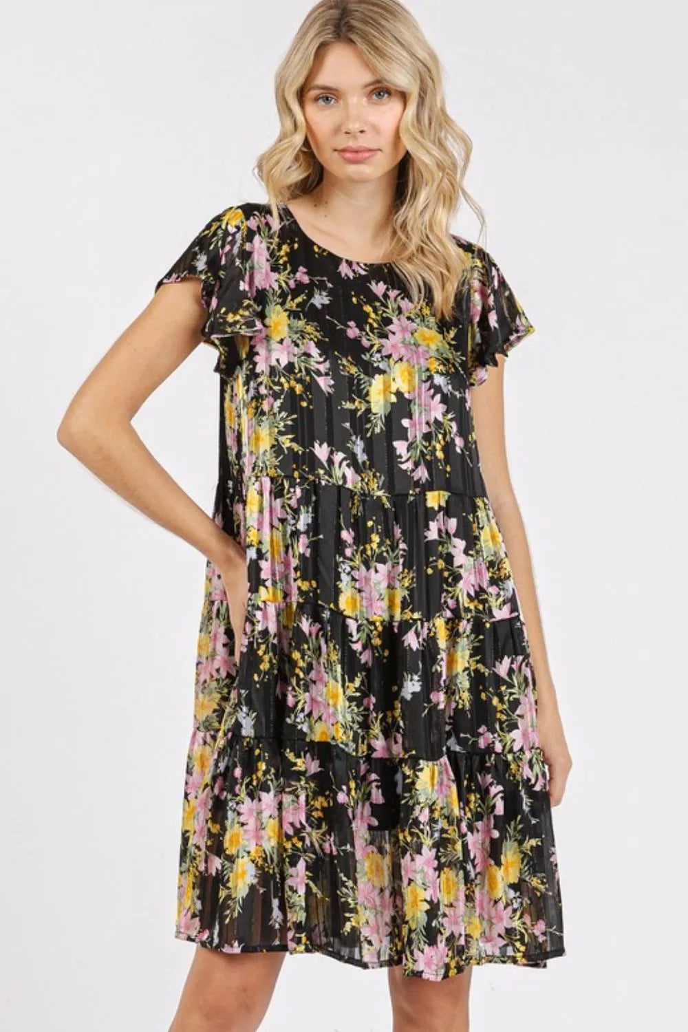 Flower Print Round Neck Flutter Sleeve Tiered Dress back view
