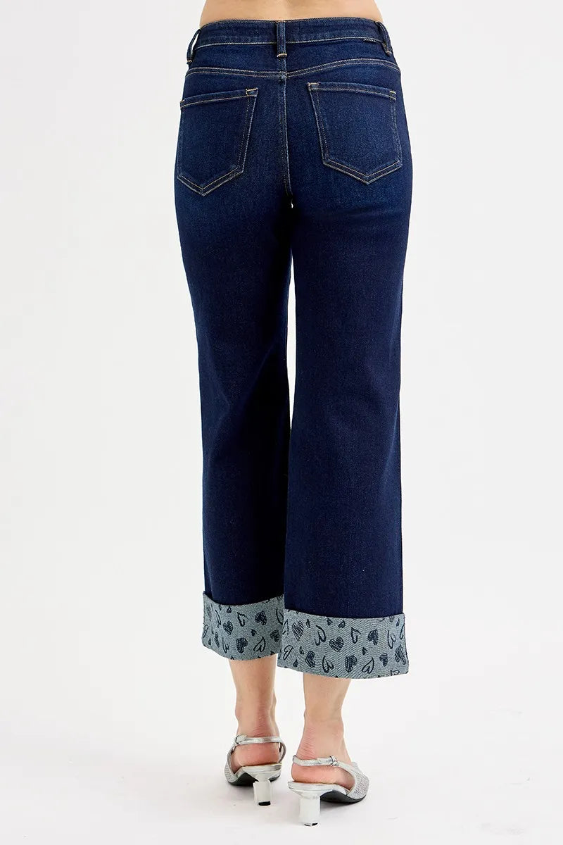 RISEN blue denim wide leg jeans fabric and cuff detail