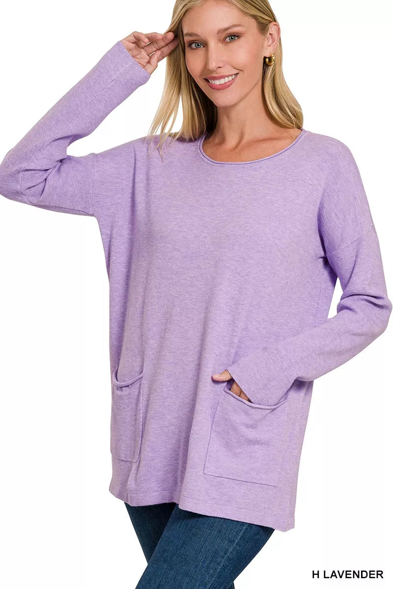 Front Pocket Long Sleeve Sweater in Lavender