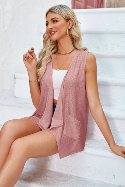 Eyelet Open Front Sleeveless Cardigan - Fashorio