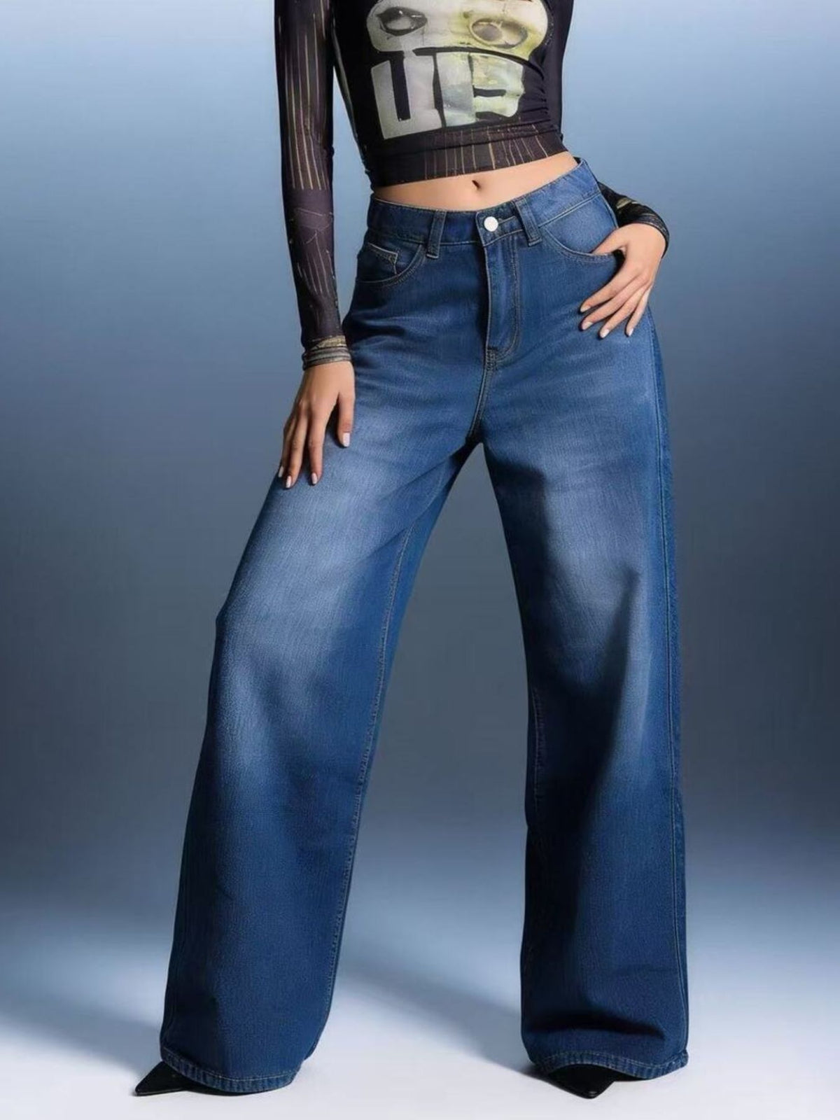 Side view of blue wide leg jeans