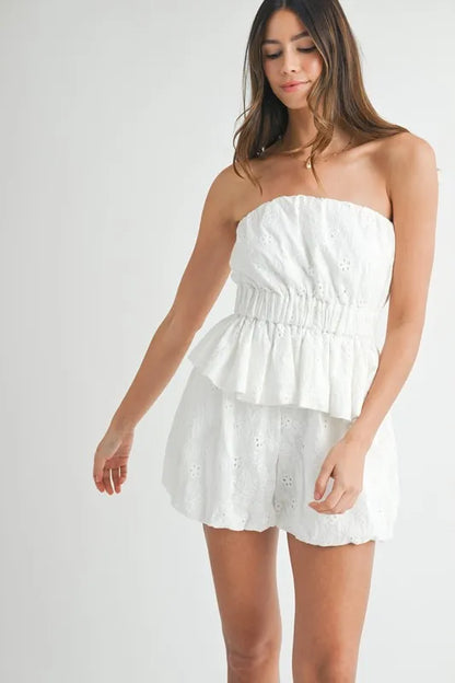 MABLE Floral Eyelet Lace Tube Top and Short Set - Fashorio
