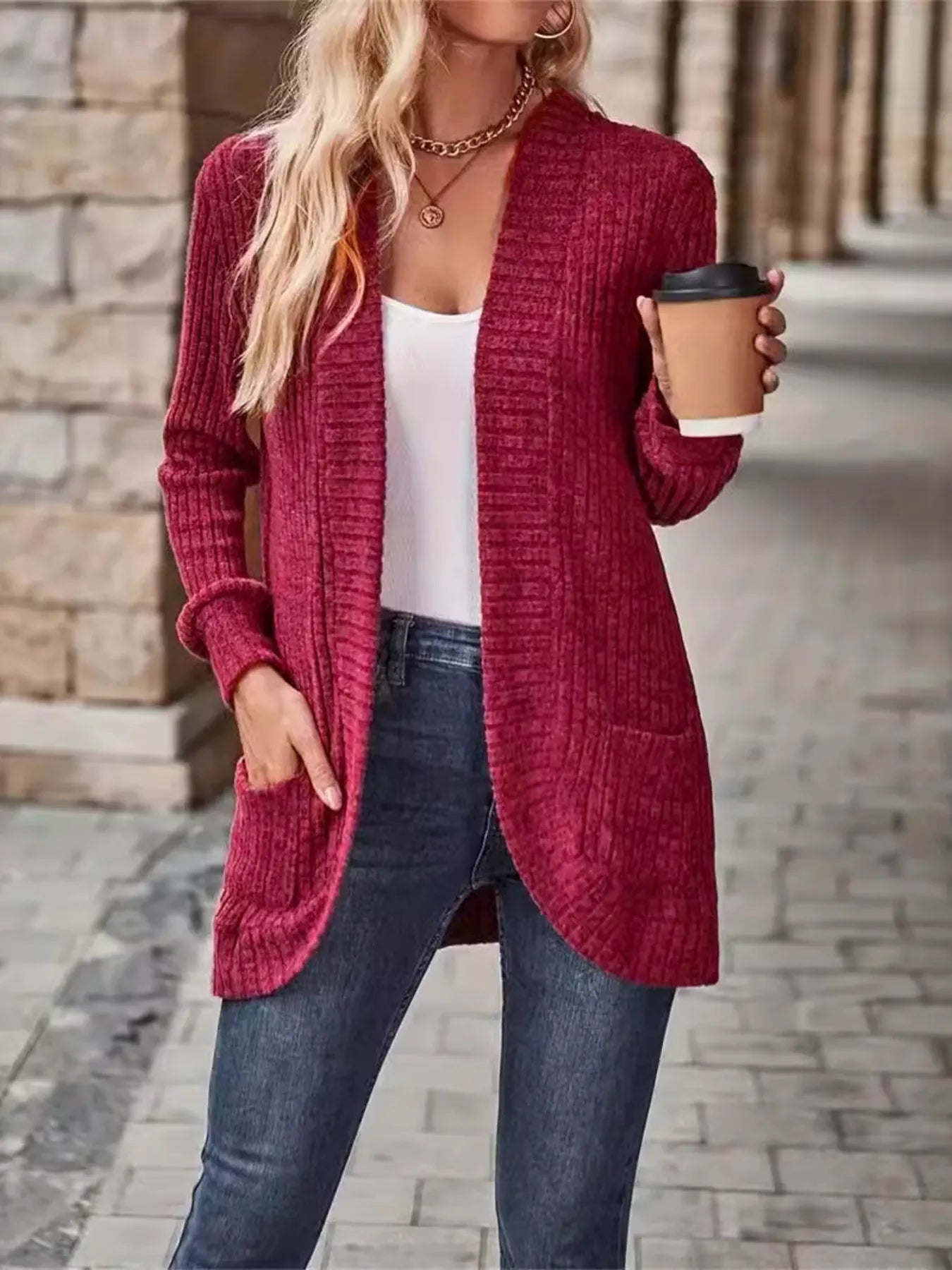 Ribbed Open Front Long Cardigan with Pockets - Fashorio