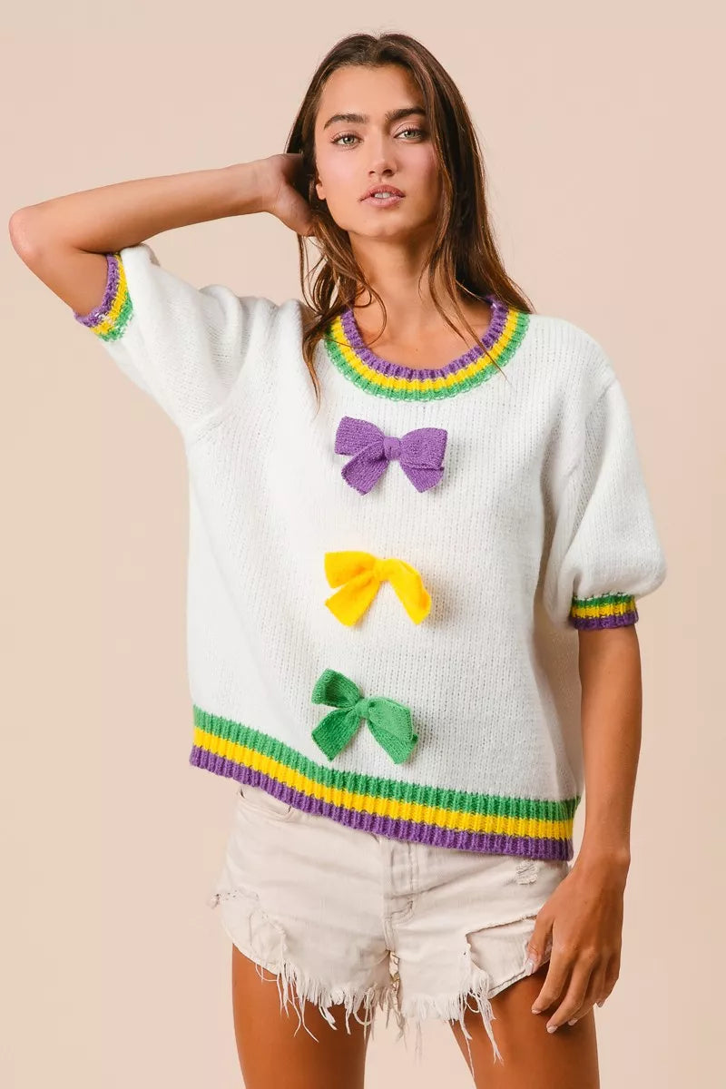 Puff Sleeve Ribbon Bow Sweater in Ivory view 11