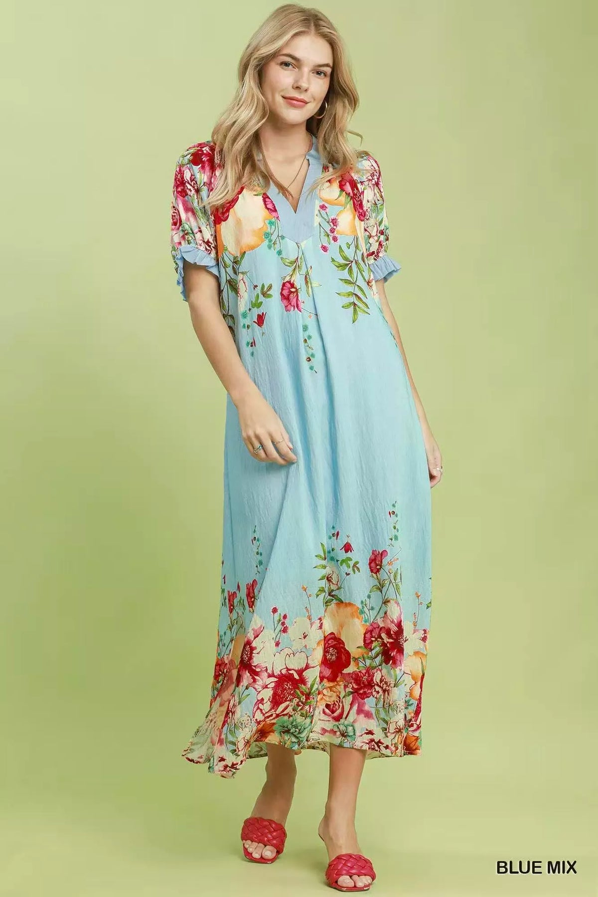 Umgee mixed floral border print midi dress in blue back view