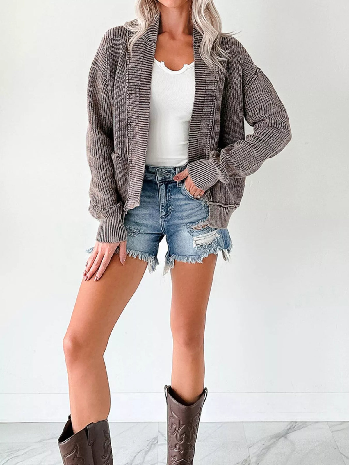 Mineral wash patchwork open cardigan in dark gray full length view