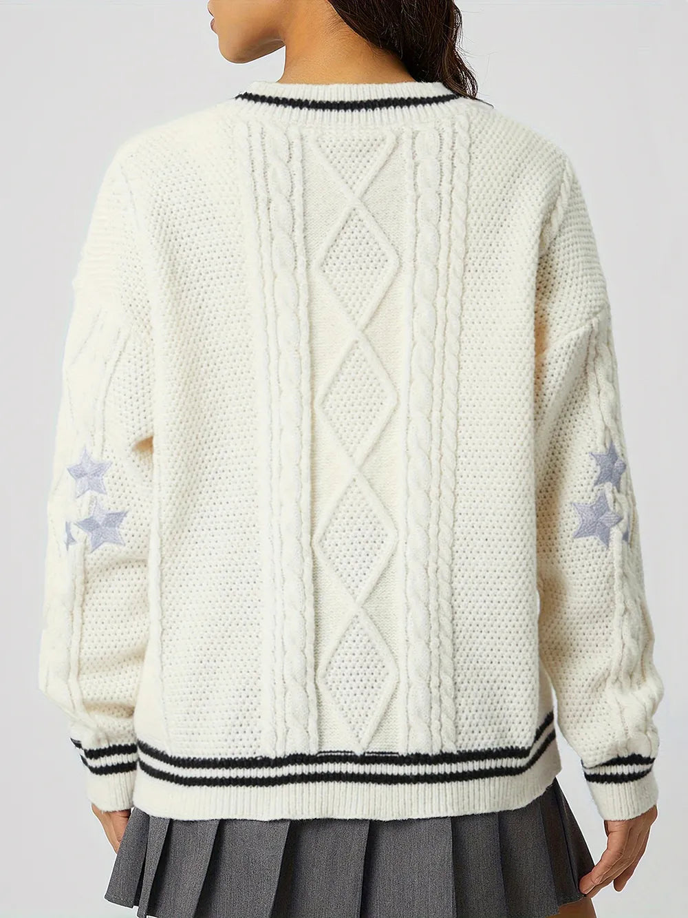 Star Embroidered V-Neck Long Sleeve Cardigan - Fashorio