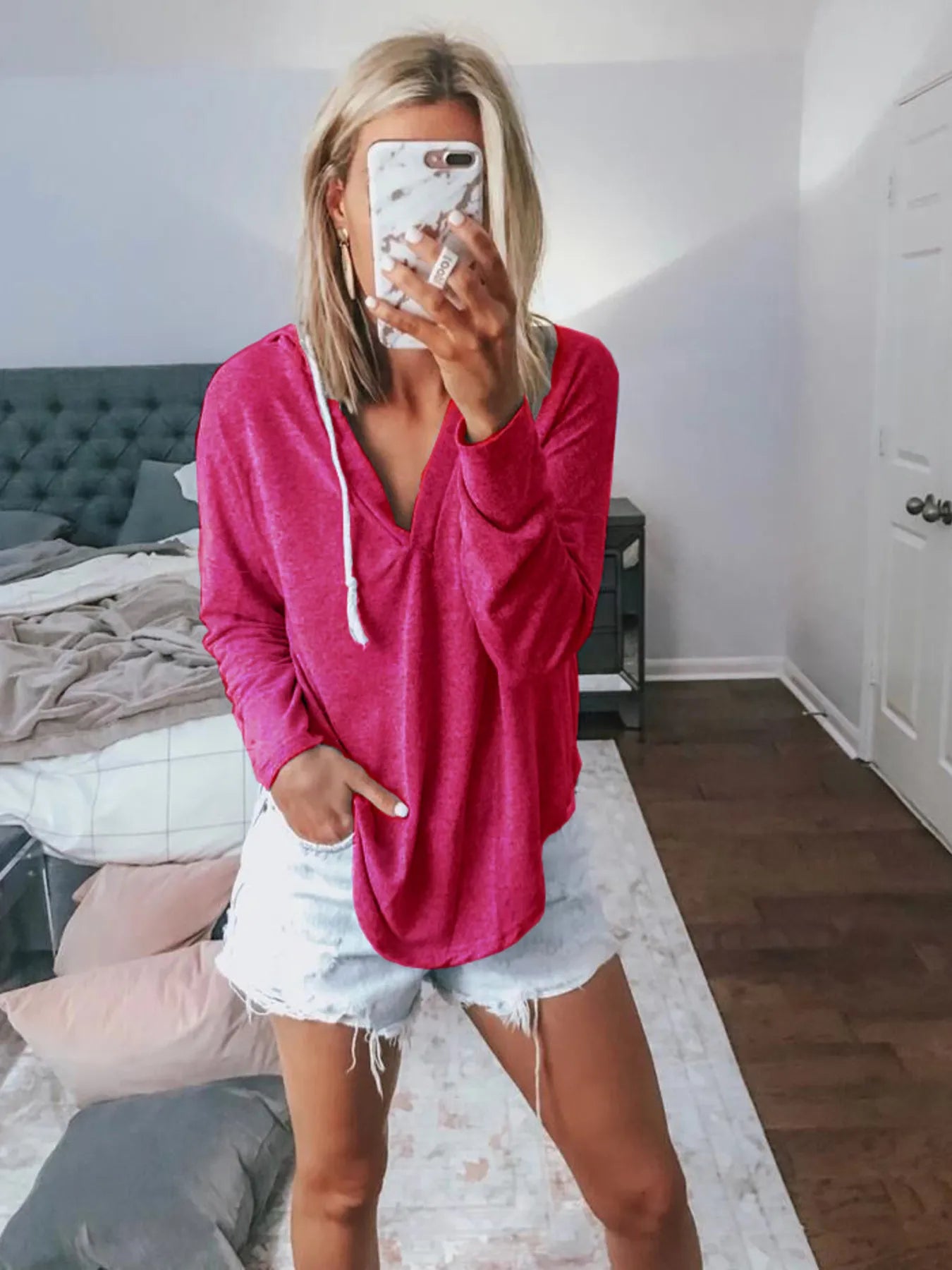 Full Size Drawstring Long Sleeve Hoodie Plus Size Rose Red - Fashorio