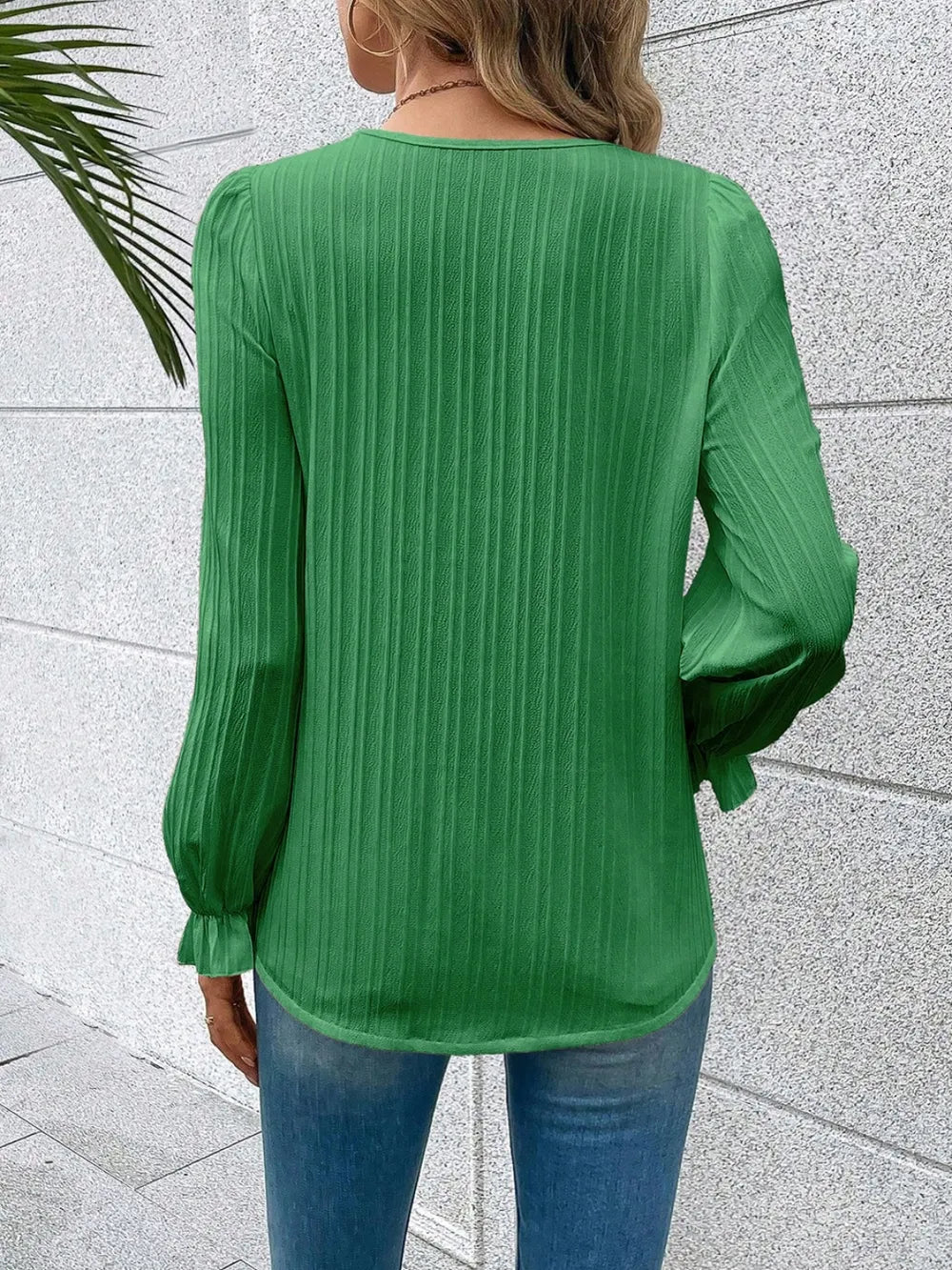 V-Neck Lace Detail Flounce Sleeve Blouse - Fashorio