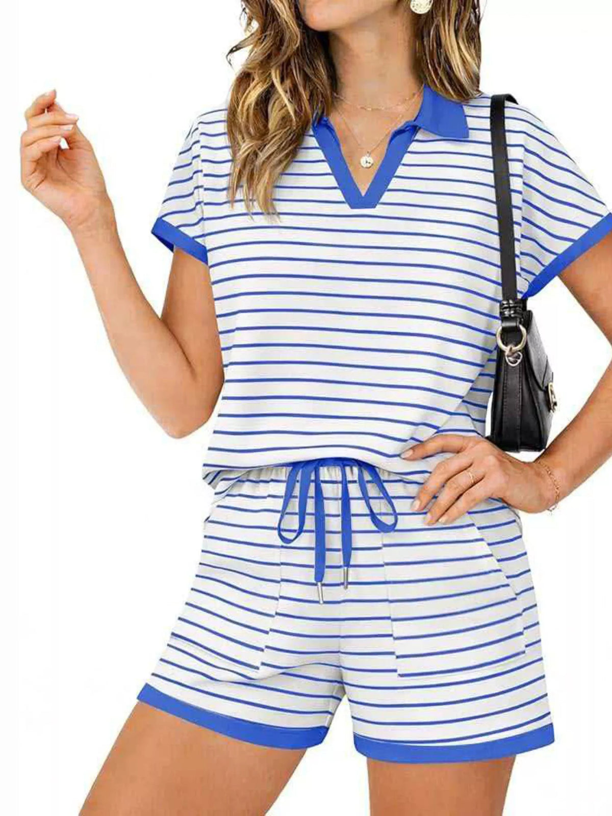 Striped Short Sleeve Polo and Shorts Set, view 17