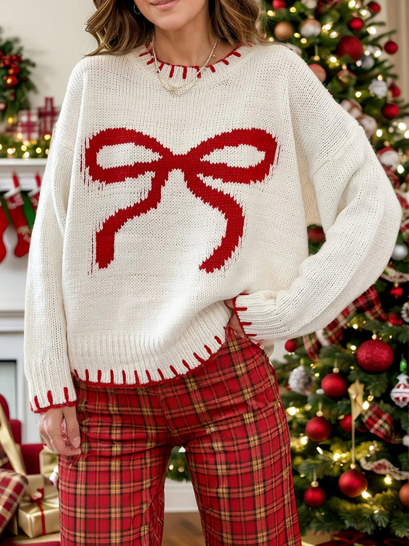 Bow round neck long sleeve sweater front view