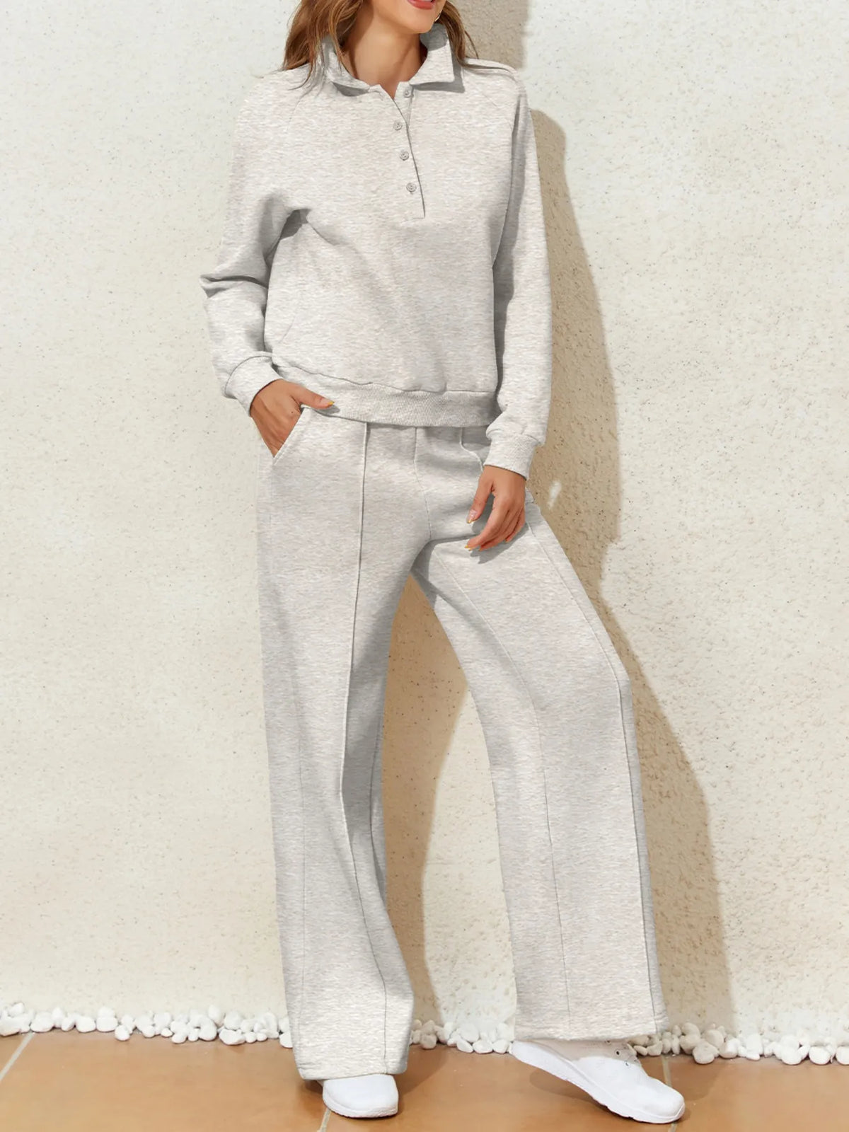 Collared Sweatshirt and High Waist Pants Active Set detail