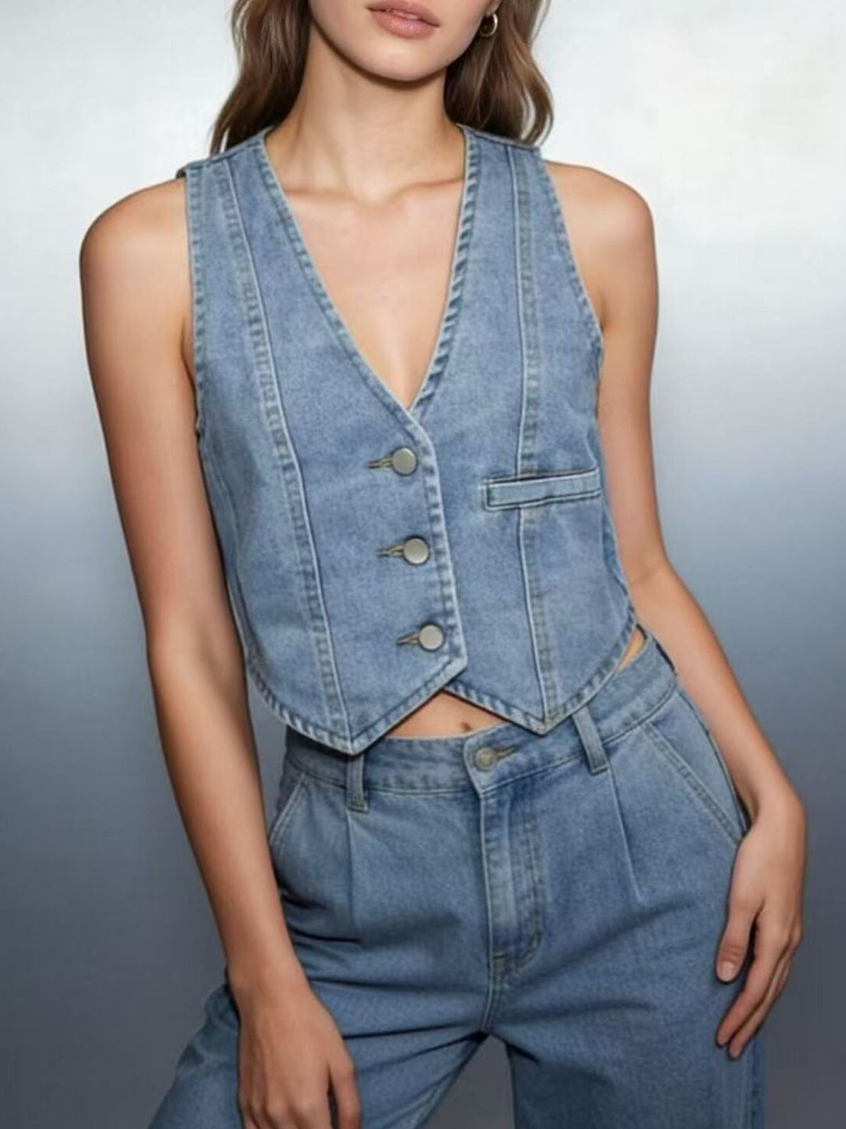Button Down Denim Vest in Dark Blue view 10