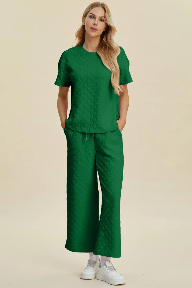 Textured round neck top and pants set front view on model