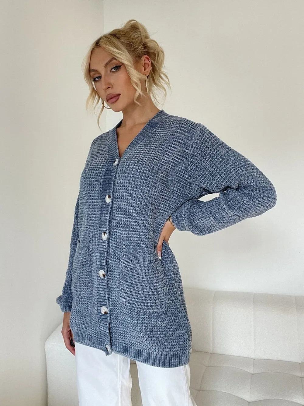 Pocketed V-Neck Button Up Cardigan - Fashorio