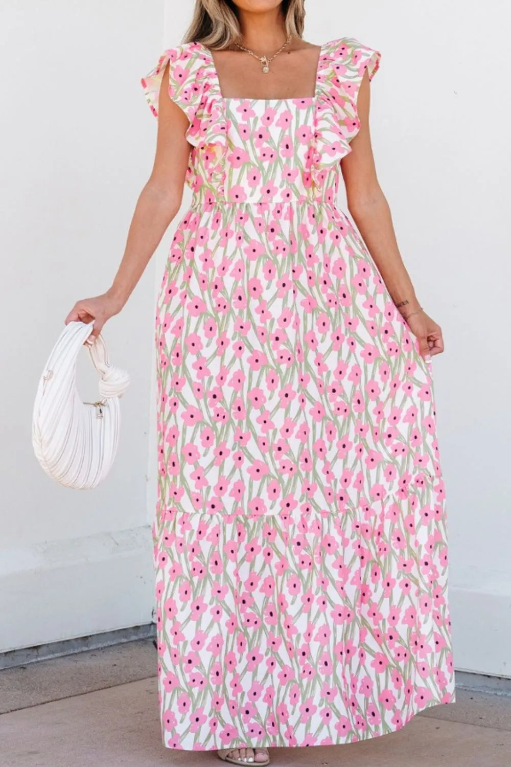 Blush pink floral square neck cap sleeve maxi dress, back view