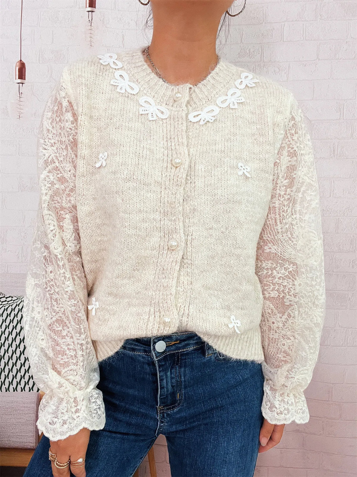 Lace sleeve button up cardigan side view