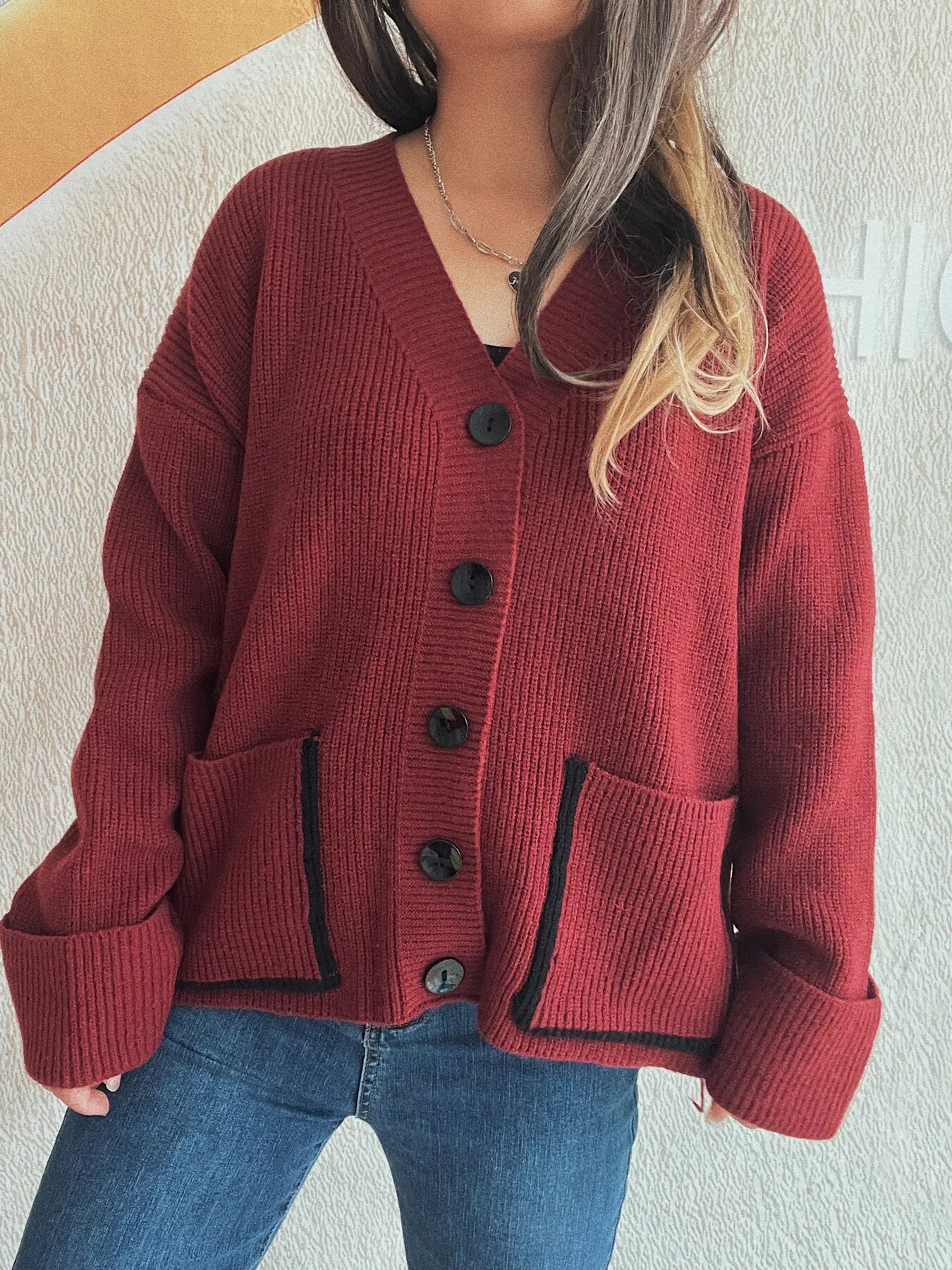 Button-Front Ribbed Cardigan with V-Neck - Fashorio