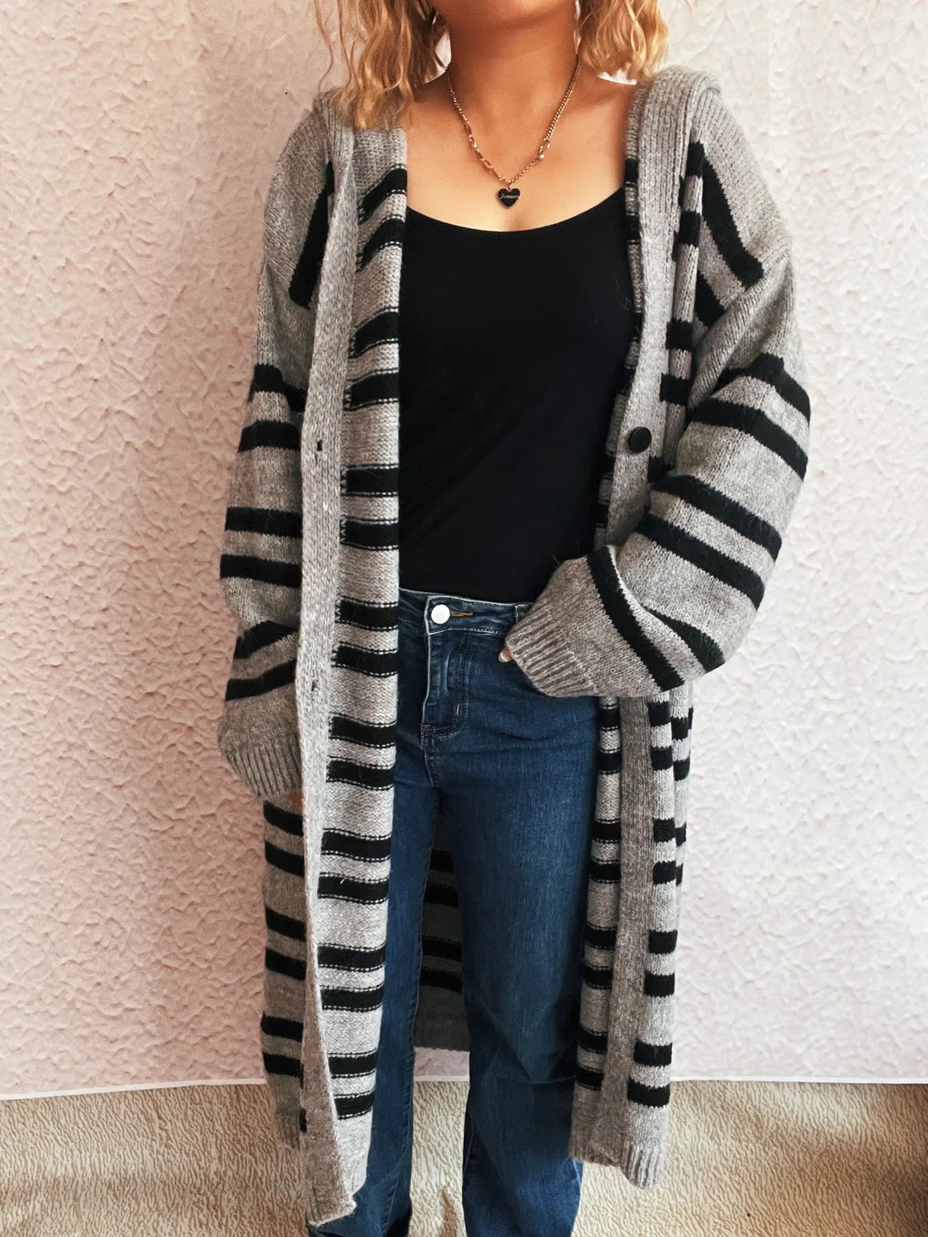 Striped Open Front Hooded Cardigan - Fashorio