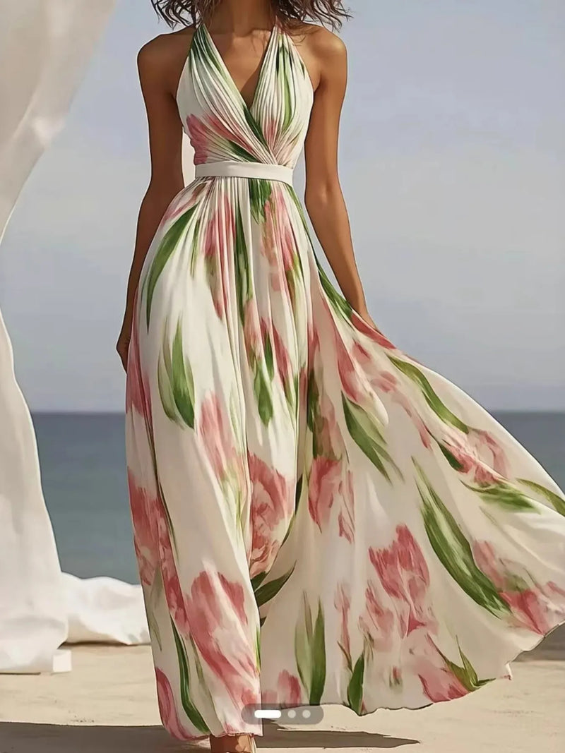 Floral halter neck maxi dress front view