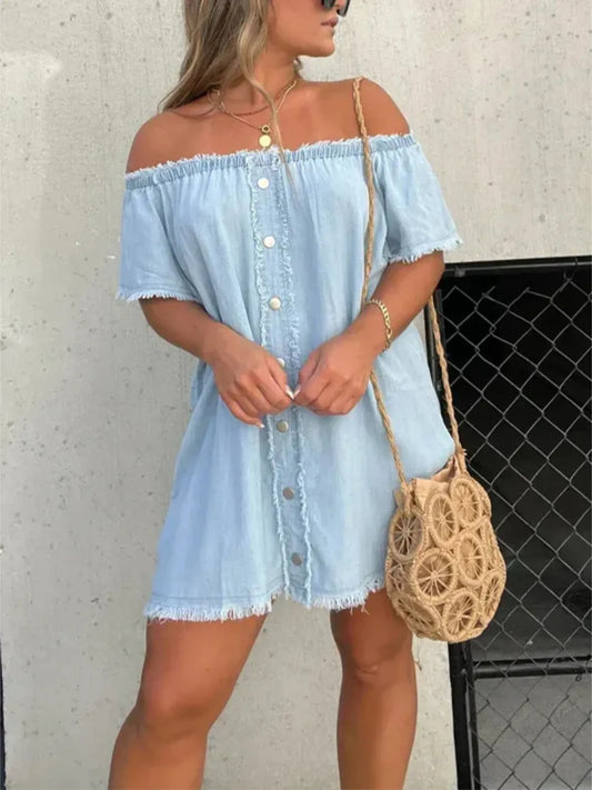 Full Size Raw Hem Mini Denim Dress Plus Size Light Blue - Fashorio