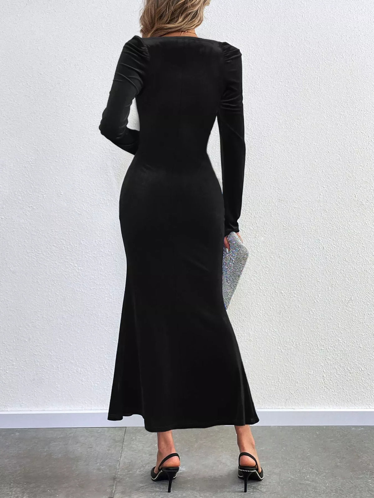 Velvet square neck long sleeve mermaid dress velvet fabric close up