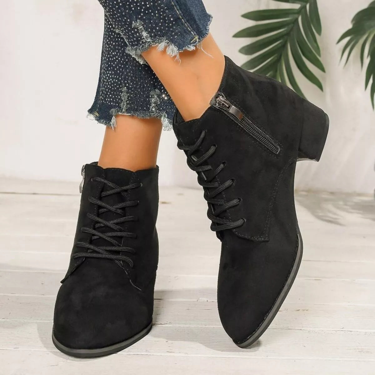black lace up block heel boots back view