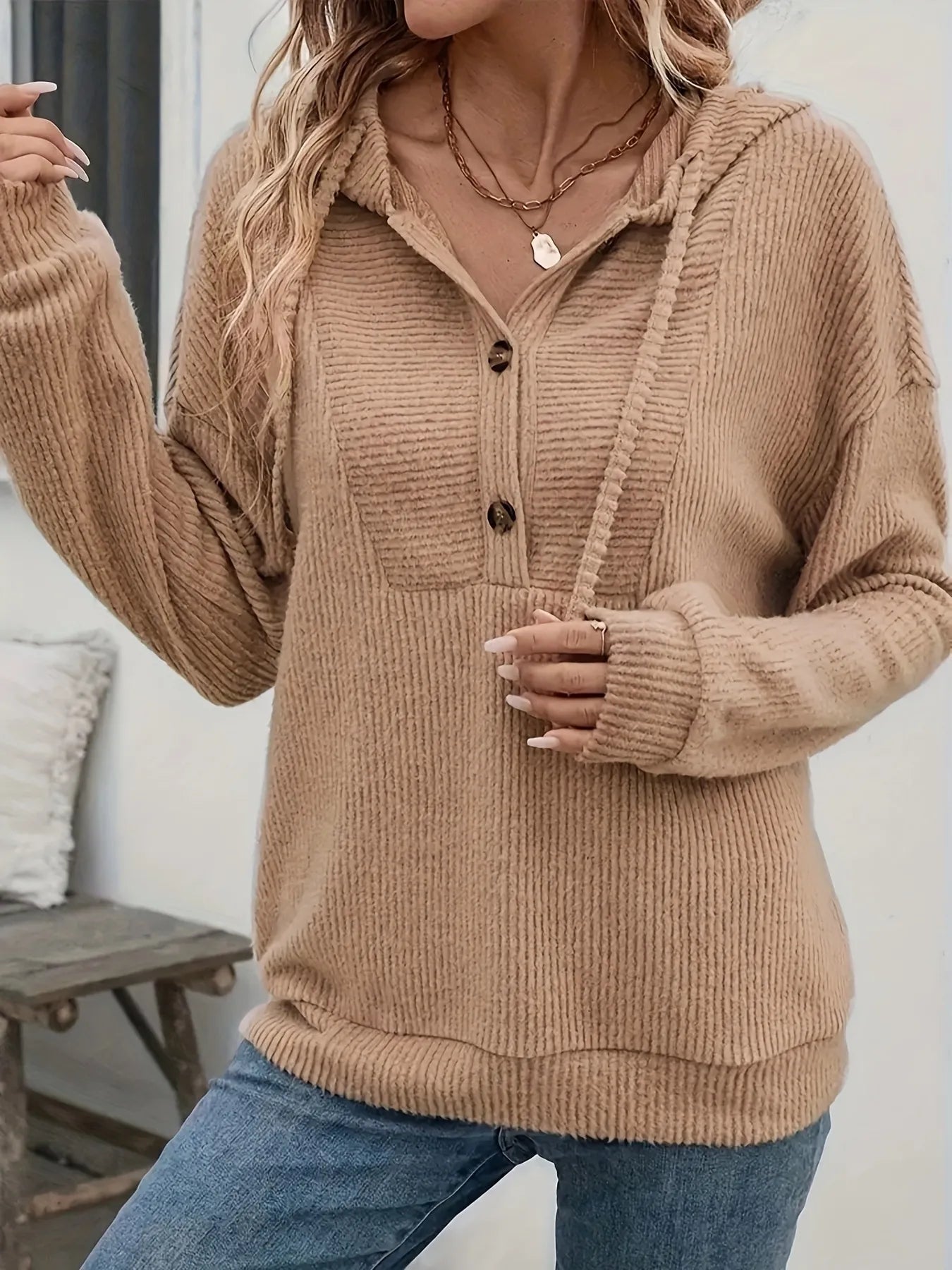 Drawstring Button Front Hoodie - Fashorio