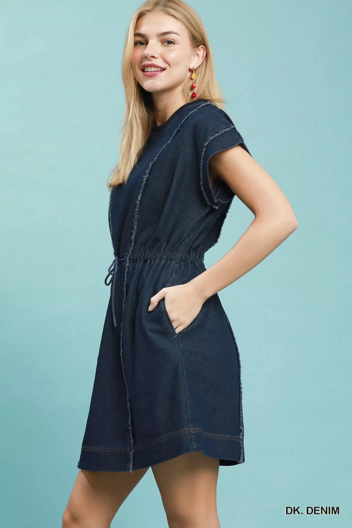 Dark denim frayed drawstring waist mini dress back view