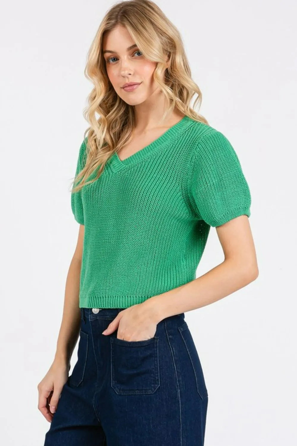 V Neck Short Sleeve Cropped Sweater in Jade Green side view