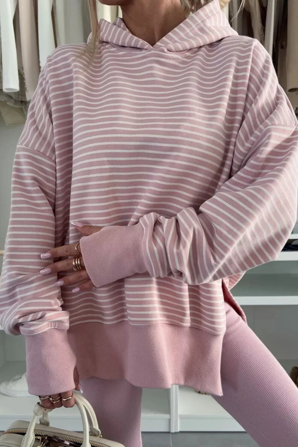Side Slit Striped Oversized Hoodie Pink Purple - Fashorio