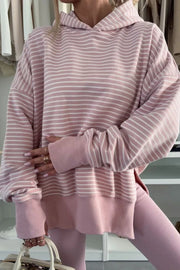 Side Slit Striped Oversized Hoodie Pink Purple - Fashorio