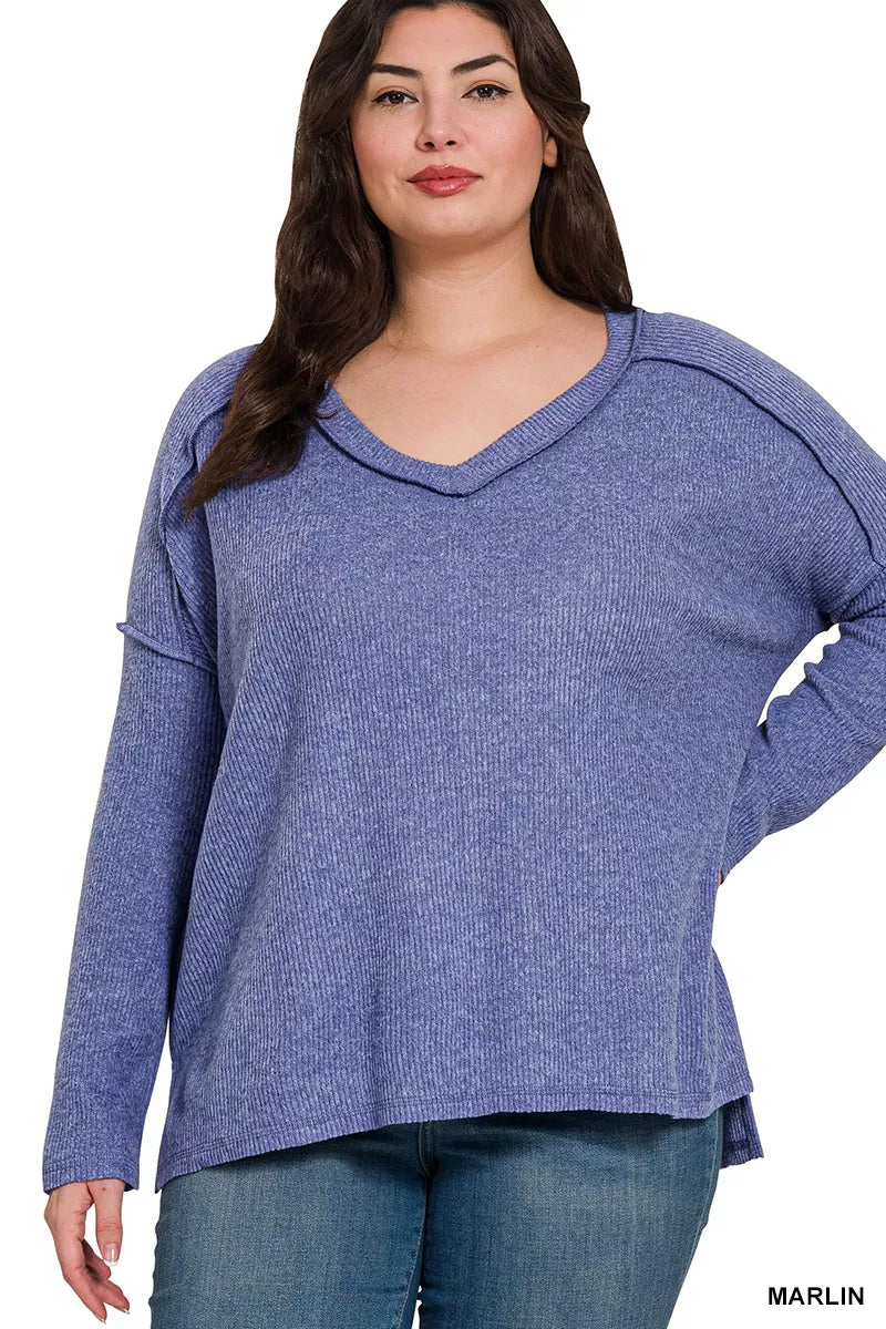 Brushed Ribbed Hacci V Neck Drop Shoulder Sweater Plus Size in Marlin Blue back view