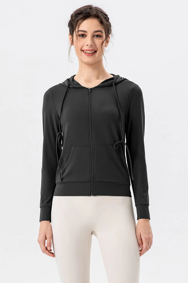 Drawstring zip up hooded active jacket front view