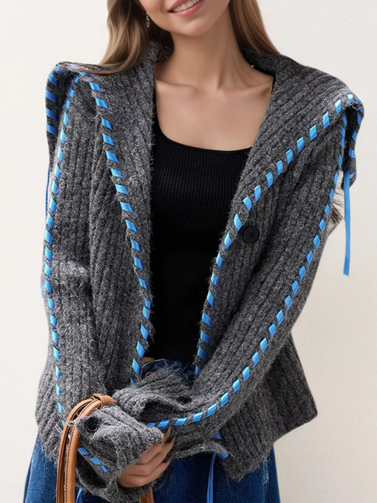 gray ribbed cable knit open front cardigan side view