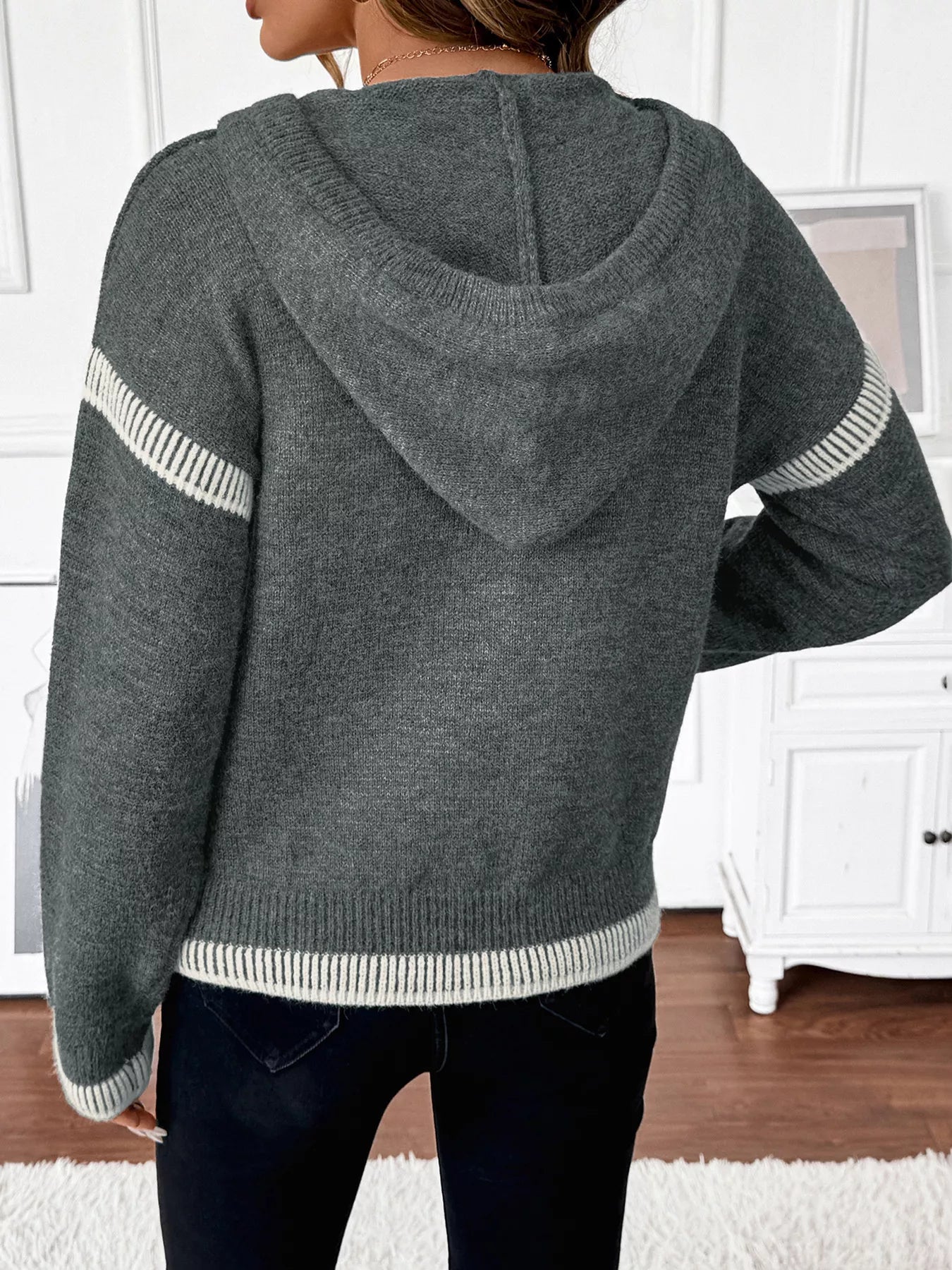 Contrast Trim Quarter Zip Hooded Sweater - Fashorio