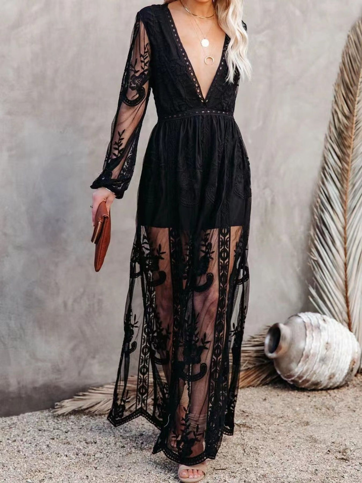 Floral lace slit maxi dress hemline detail