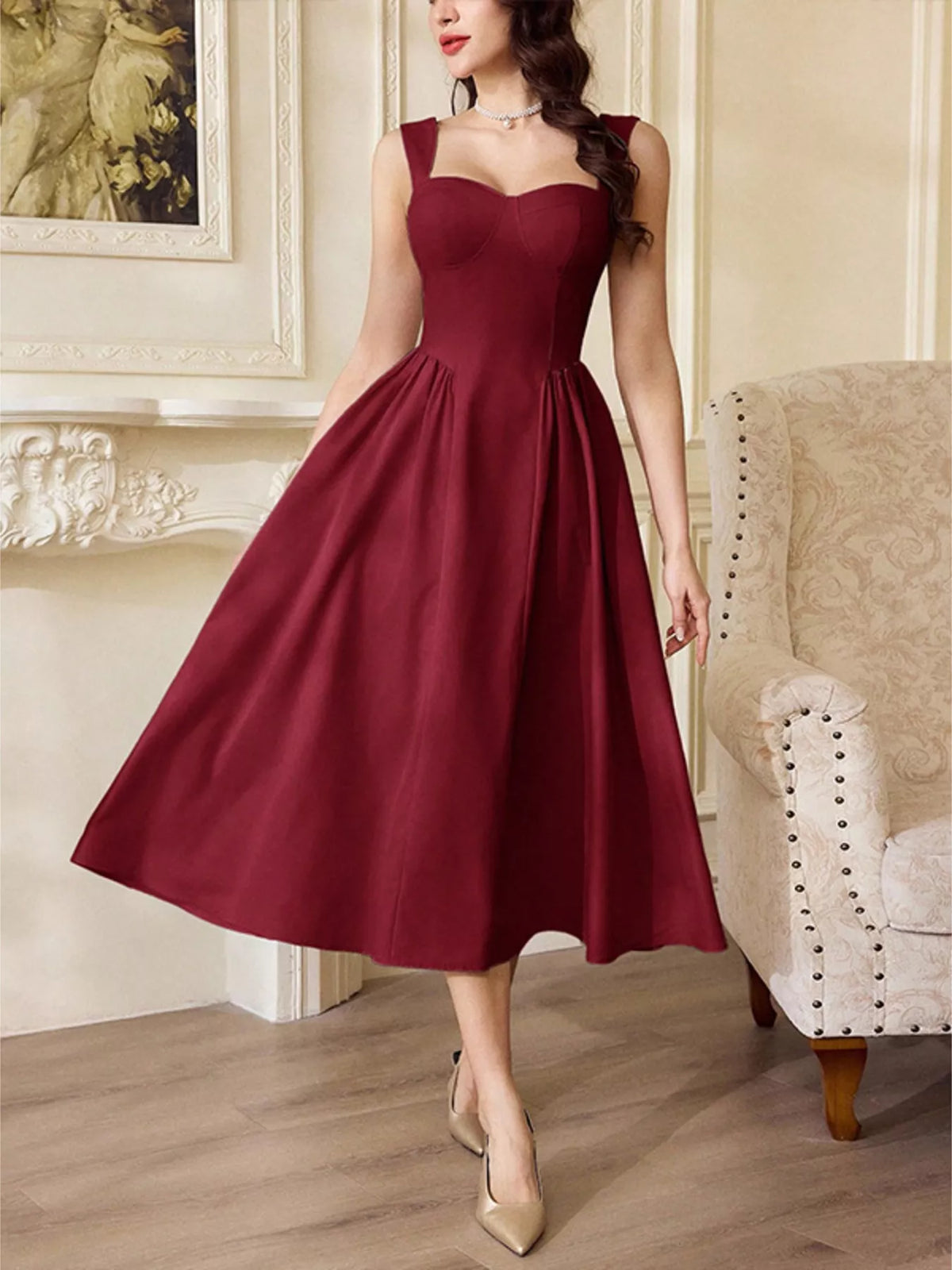 Red sweetheart neckline a line midi dress side view