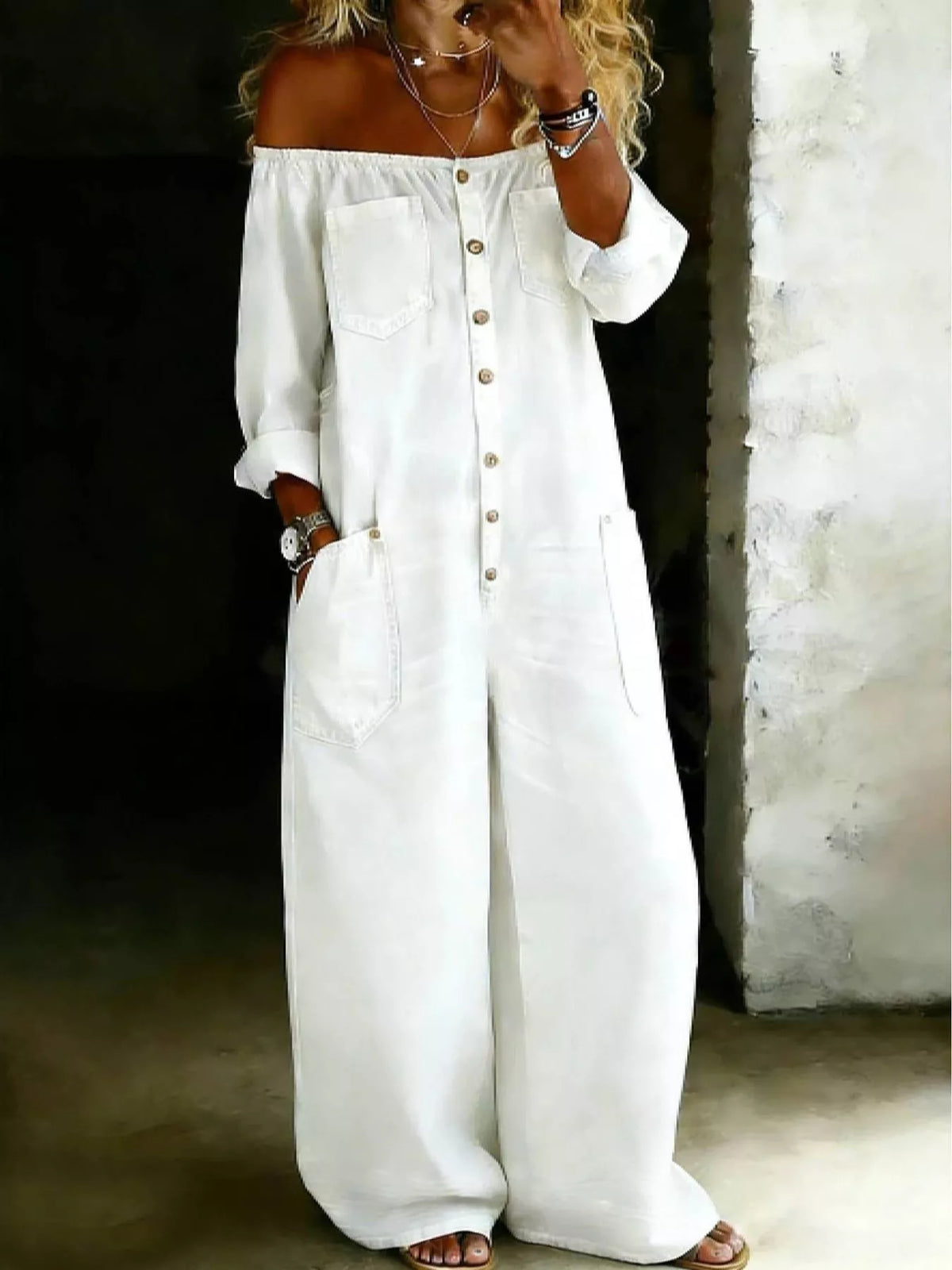 Off shoulder button down wide leg jumpsuit front view