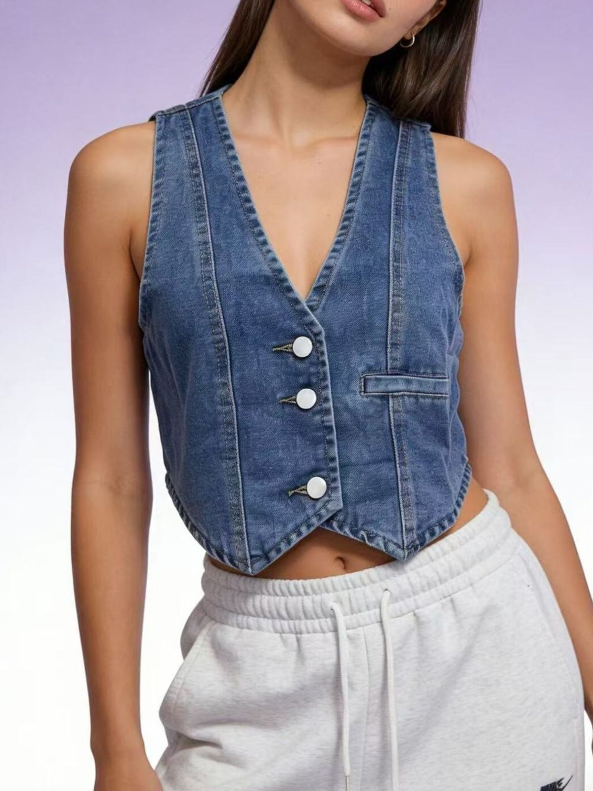 Button Down Denim Vest in Dark Blue on model