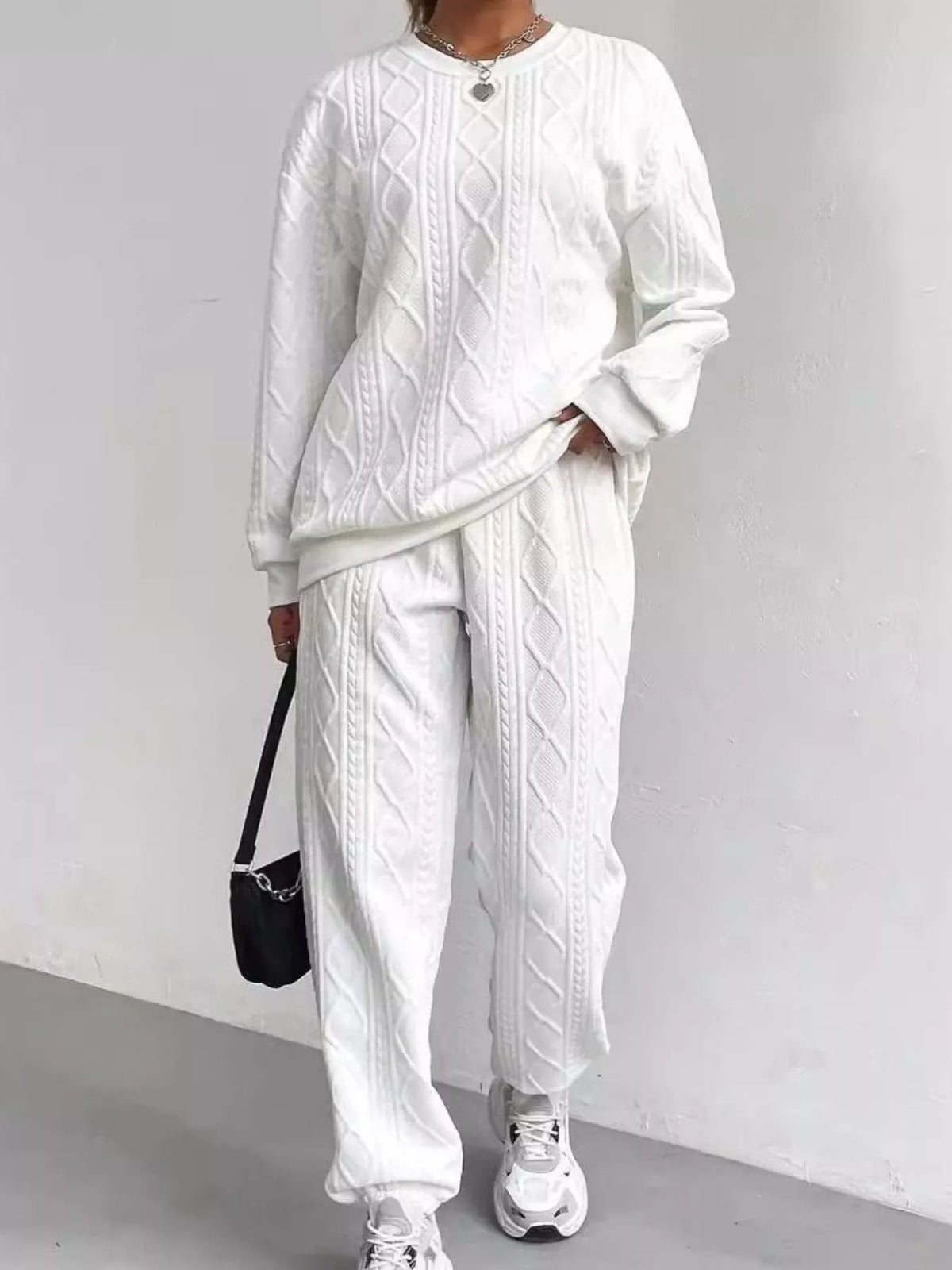 Textured two piece set round neck top and pants full look