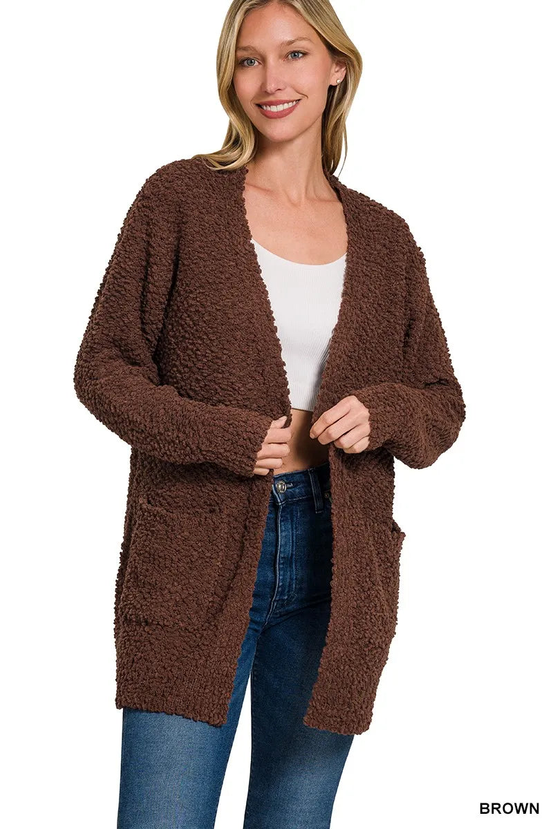 Zenana Long Sleeve Popcorn Sweater Cardigan with Pockets BROWN - Fashorio