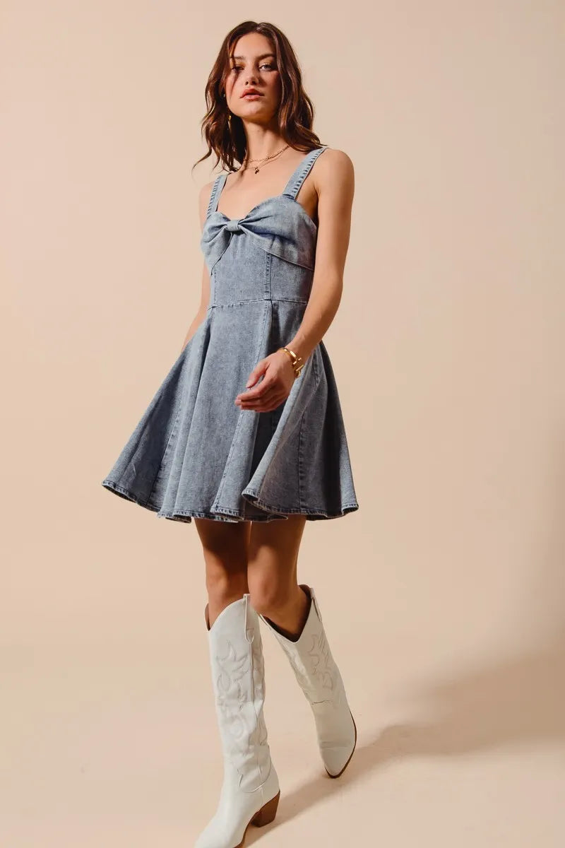 SO ME Mineral Washed Bow Ribbon Denim Flare Dress - Fashorio