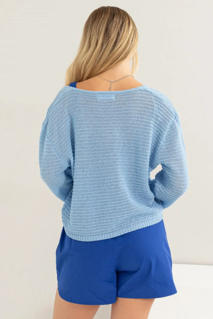 HYFVE V-Neck Stripe Texture Long Sleeve Top - Fashorio