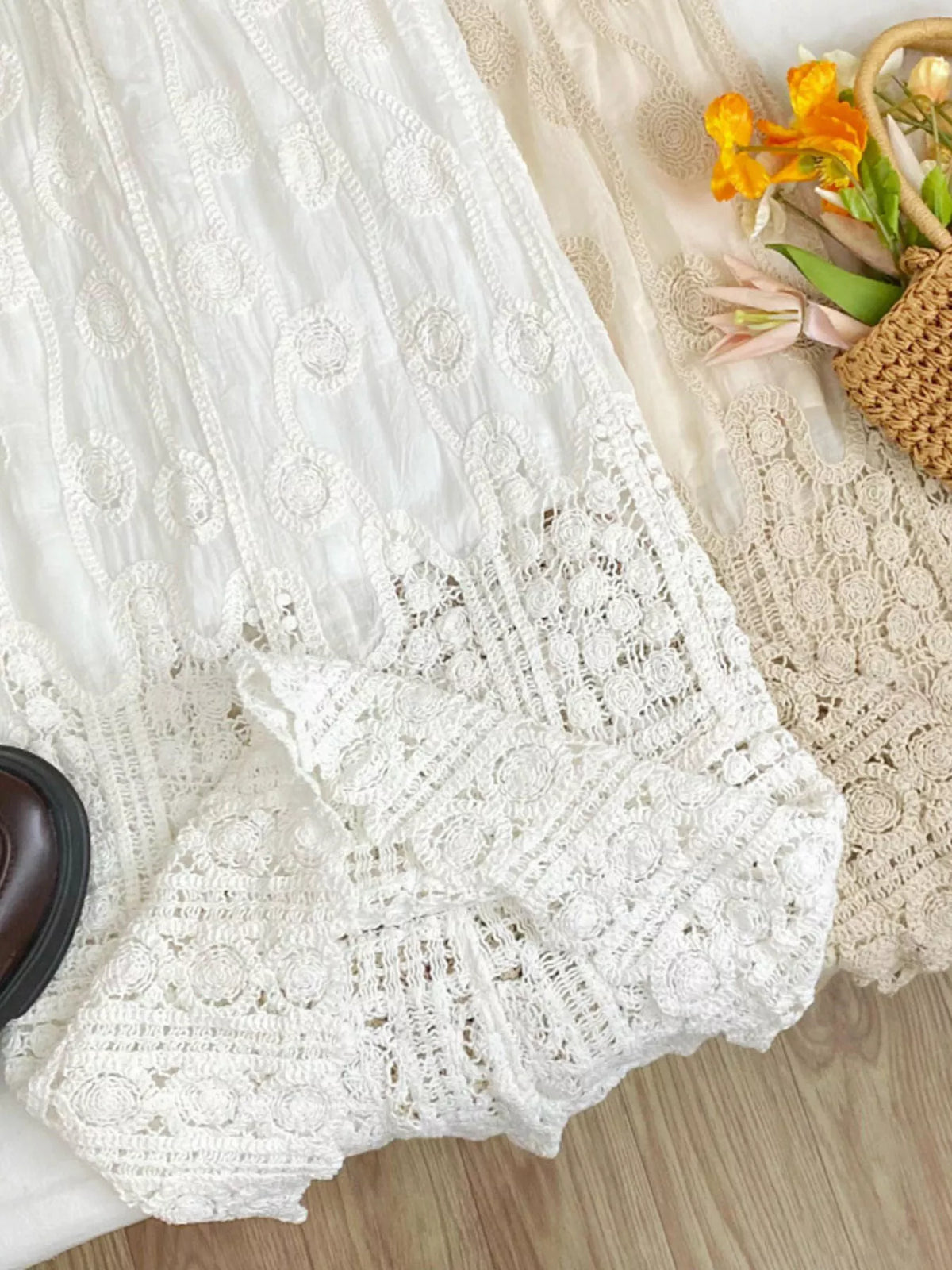 Lace elastic waist midi skirt, full length view