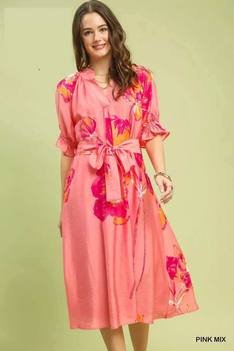Floral Flounce Sleeve Midi Dress with Belted
