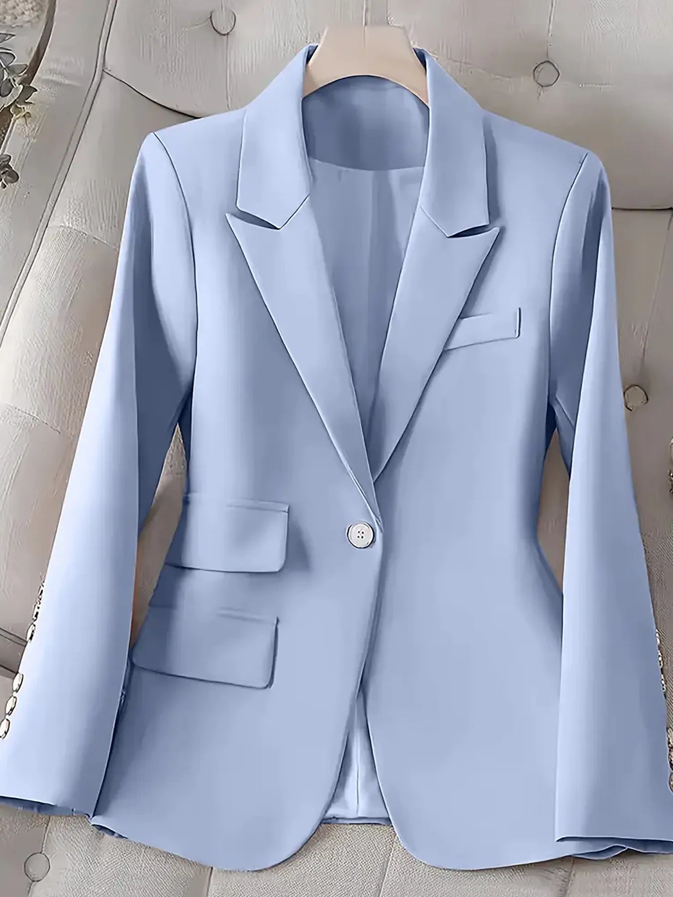 Single-Button Long Sleeve Blazer Blue - Fashorio