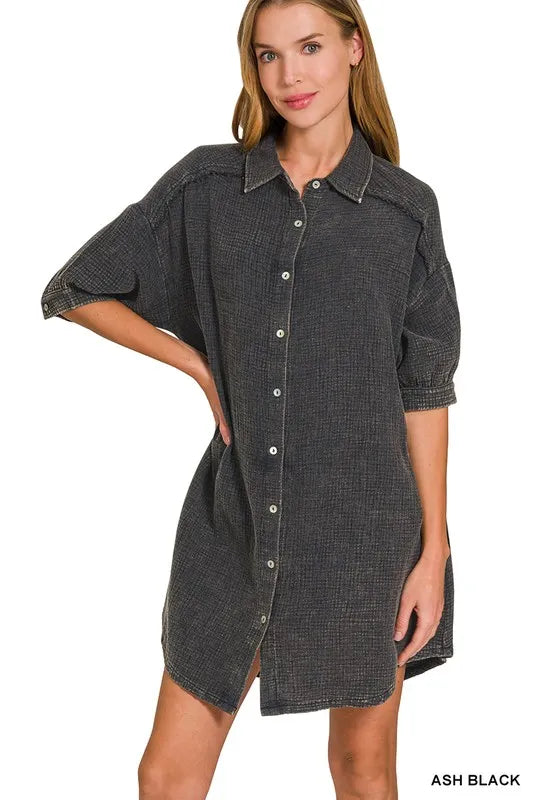 Washed Double Gauze Button Down Shirt Dress in Ash Black